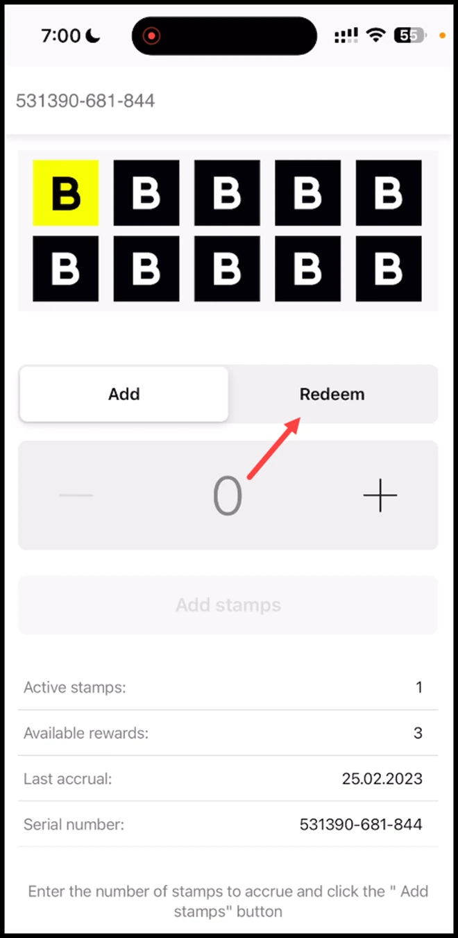 Scanner app - Stamp: To redeem rewards, click the Redeem tab.