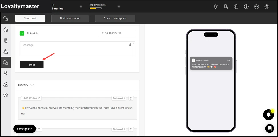 Marketing Push: Once the selections are made, click the Send button.
