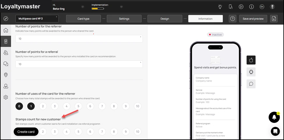 How to Create a Multipass Card: Set the number of stamps awarded to the customer upon registering via the referral program from the count icon under the Stamps count for the new customer heading.