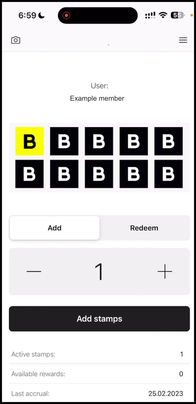 Scanner app - Stamp: After a successful scan, the stamp card is displayed in the scanner app.