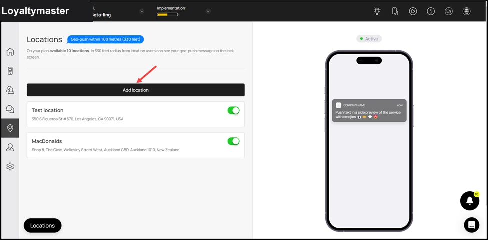 Geolocations: To create a geo-push, click the button.