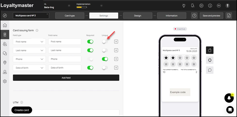 How to Create a Coupon Card: Similarly, if you want to record unique data in a field, enable the Unique toggle.
