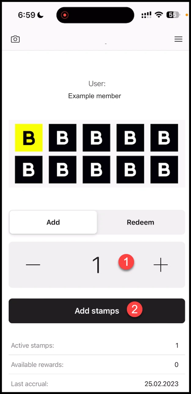 Scanner app - Stamp: Use the +/- buttons at right and left side of the counter to record the number of stamps you want to add. Once added, click the Add Stamps button.