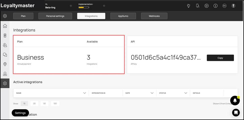 Integrations: This screen starts off with a tile displaying your current subscription plan and the number of integrations it allows.