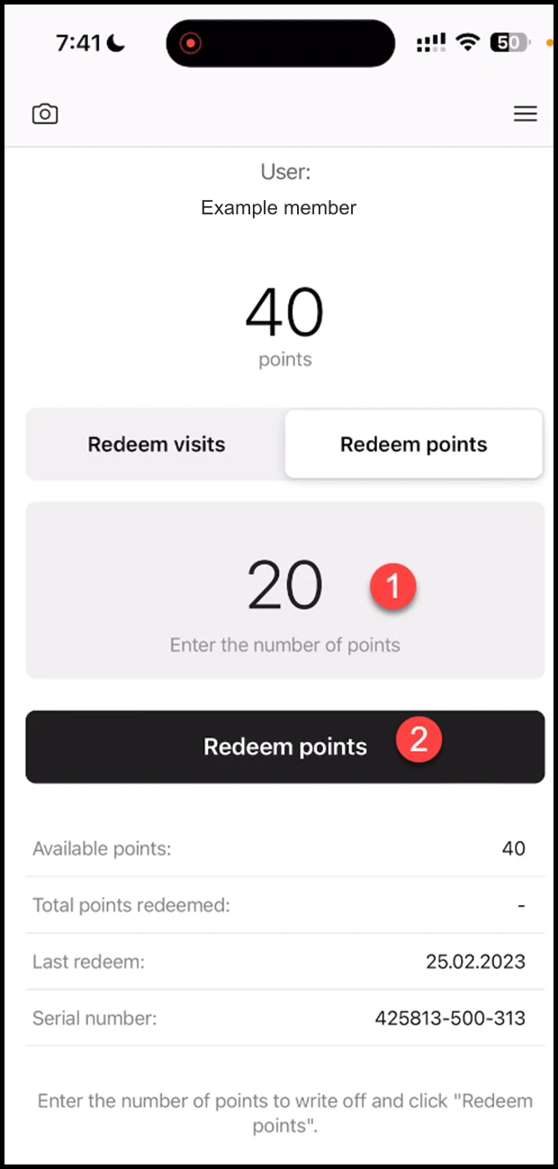 Scanner app - Multipass: Use the +/- buttons alongside the counter to set the number of points you want to redeem. Once set, click the Redeem Points button.