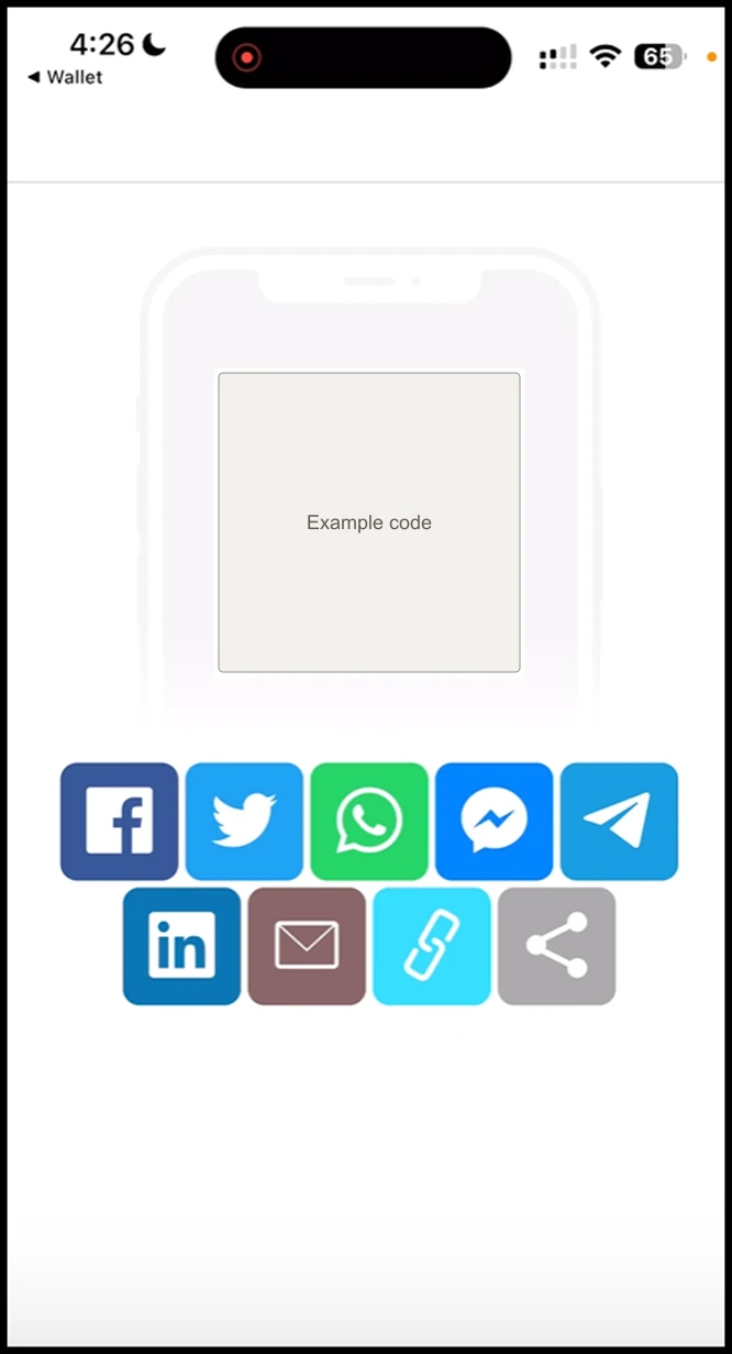 Referral program: This opens the QR code of the card with a number of social media platforms displayed. You can tap on the desired channel in order to share your card via that platform.