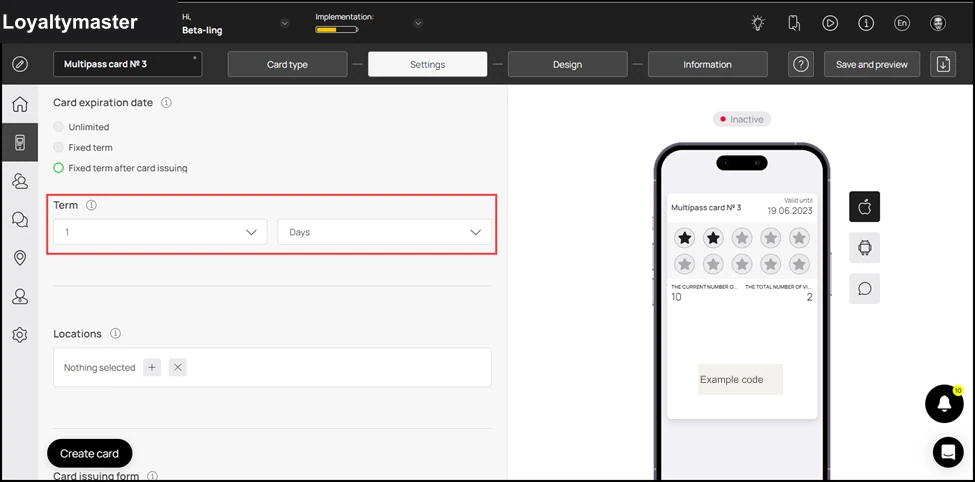 How to Create a Coupon Card: It is recommended to select Fixed term after card issuing from here. As this option is selected, the Term dropdowns are displayed. Here, you can select the number of days upon card