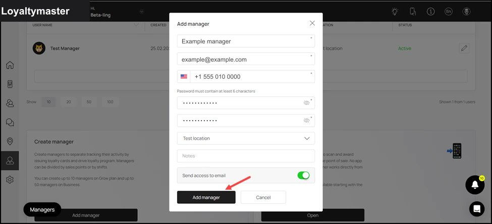 Manager Seats: Once the details are recorded, click the button. This creates the manager profile and displays it in the Managers grid.