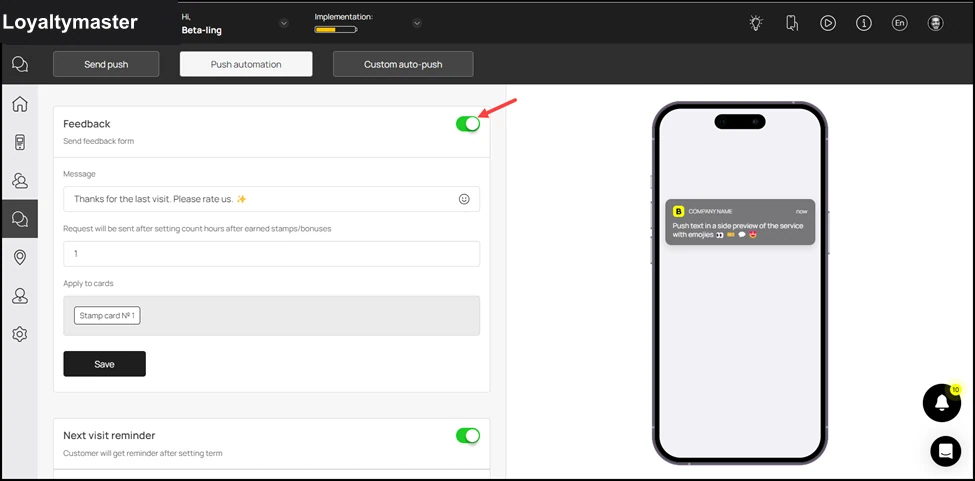 Push automation: As a selection is made, all events for push automation are displayed via separate tiles. You can use the toggle button at the top-right corner of each tile to enable/disable the au