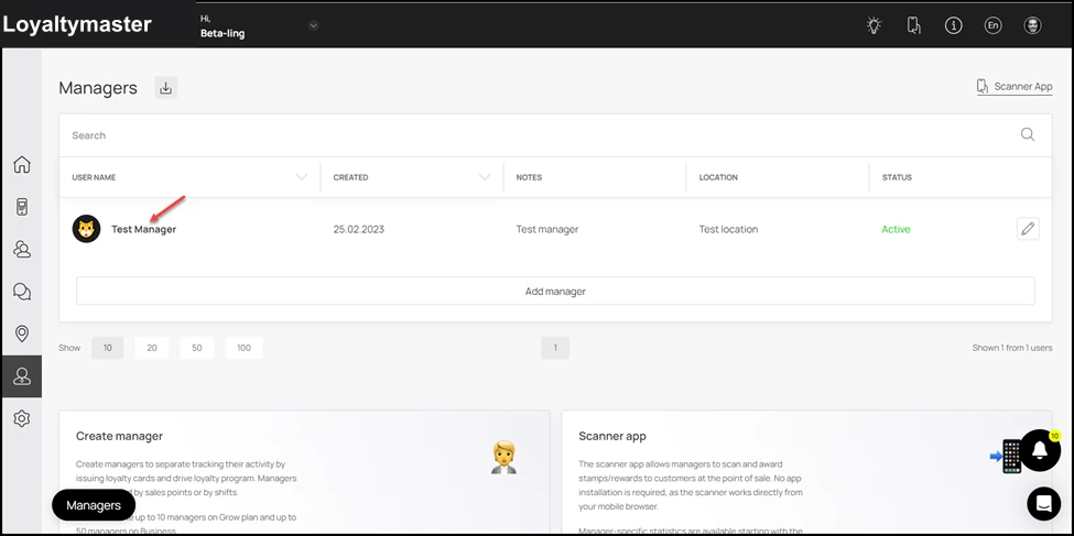 Add/ Edit/ Delete: Upon landing on the Managers grid, click the username of the manager whose profile you want to delete.