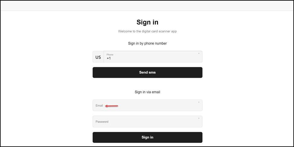 Login in the Scanner App: Here, use the Email field to enter your registered email address for Loyaltymaster.