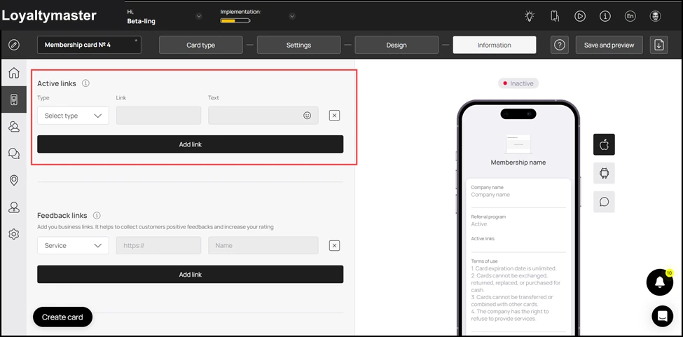 How to Create a Membership Card: Use the Type, Link, and Text fields to put active links on the membership card. Using the Type dropdown, you can choose URL, Phone, Email, and Address. To add an additional link, c