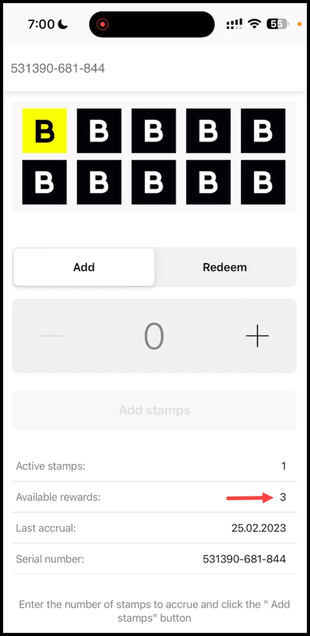 Scanner app - Stamp: Once the required number of stamps for a reward is reached, the available rewards reflects the upgrade after you scan the card again.