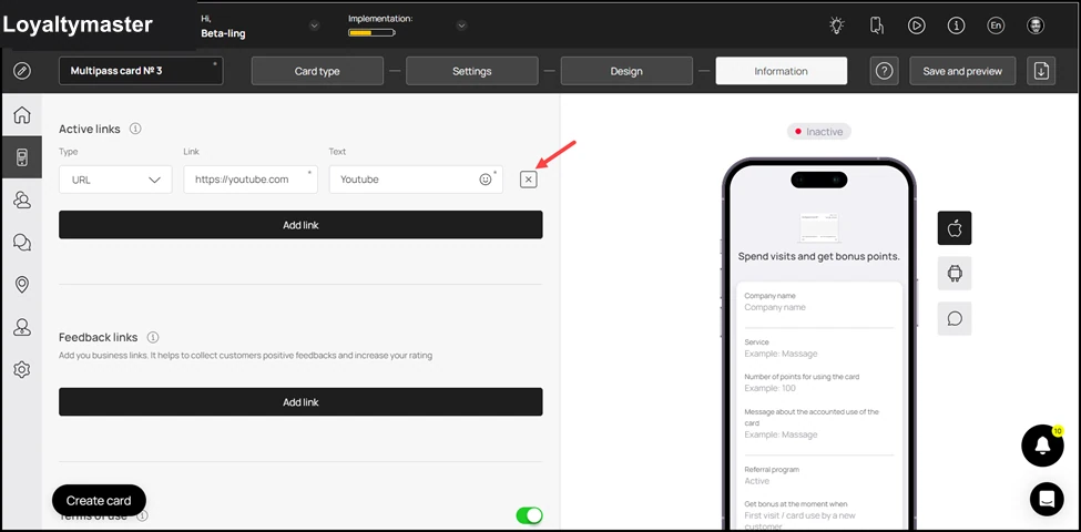How to Create a Reward Card: To remove an active link, click the button.