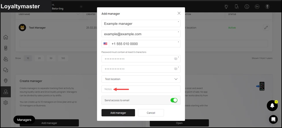 Manager Seats: Record any additional instructions in the Notes field.