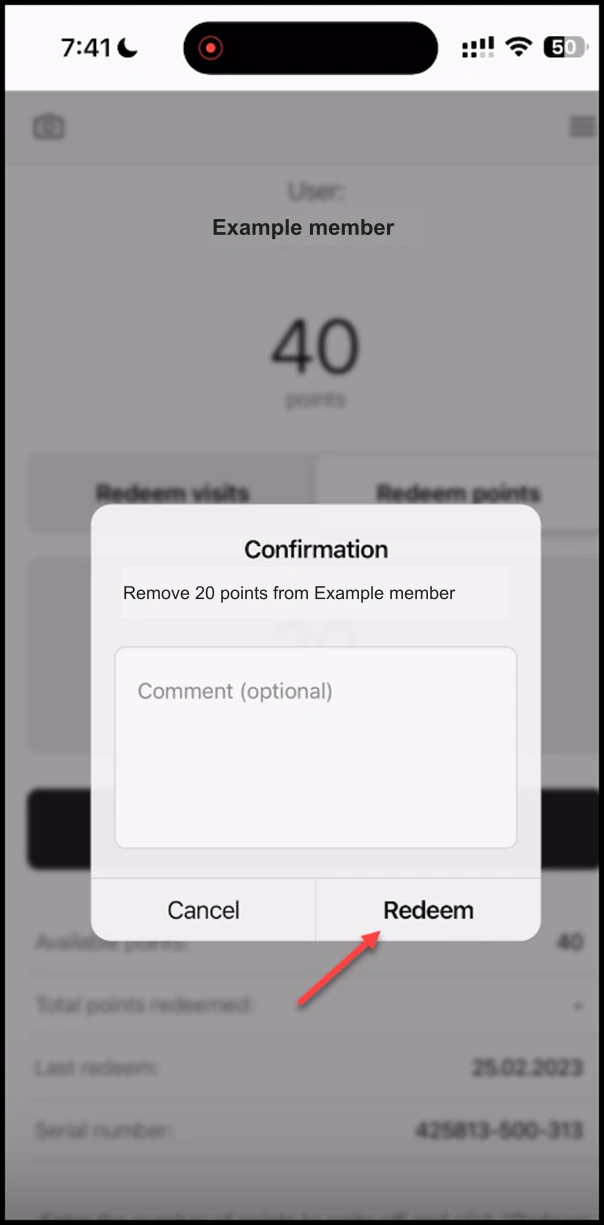 Scanner app - Multipass: This displays the Confirmation popup. To confirm, click Redeem.