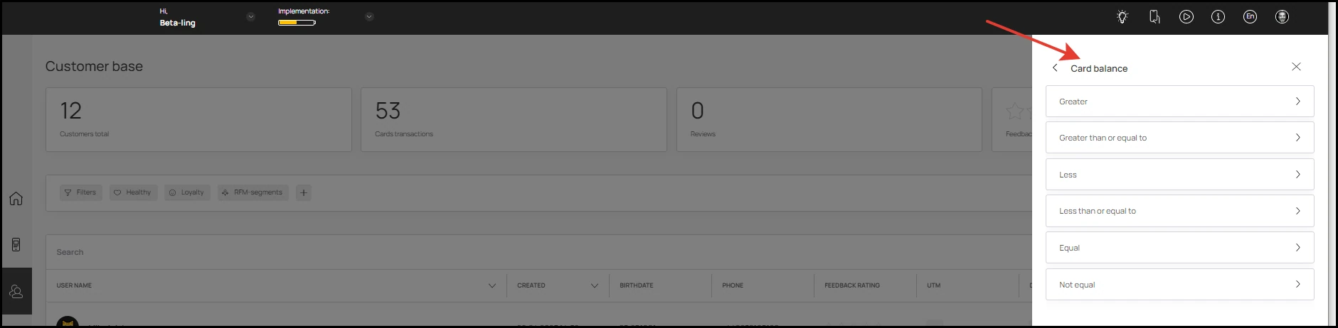 Customer Filters: For example, the "Card balance" filter