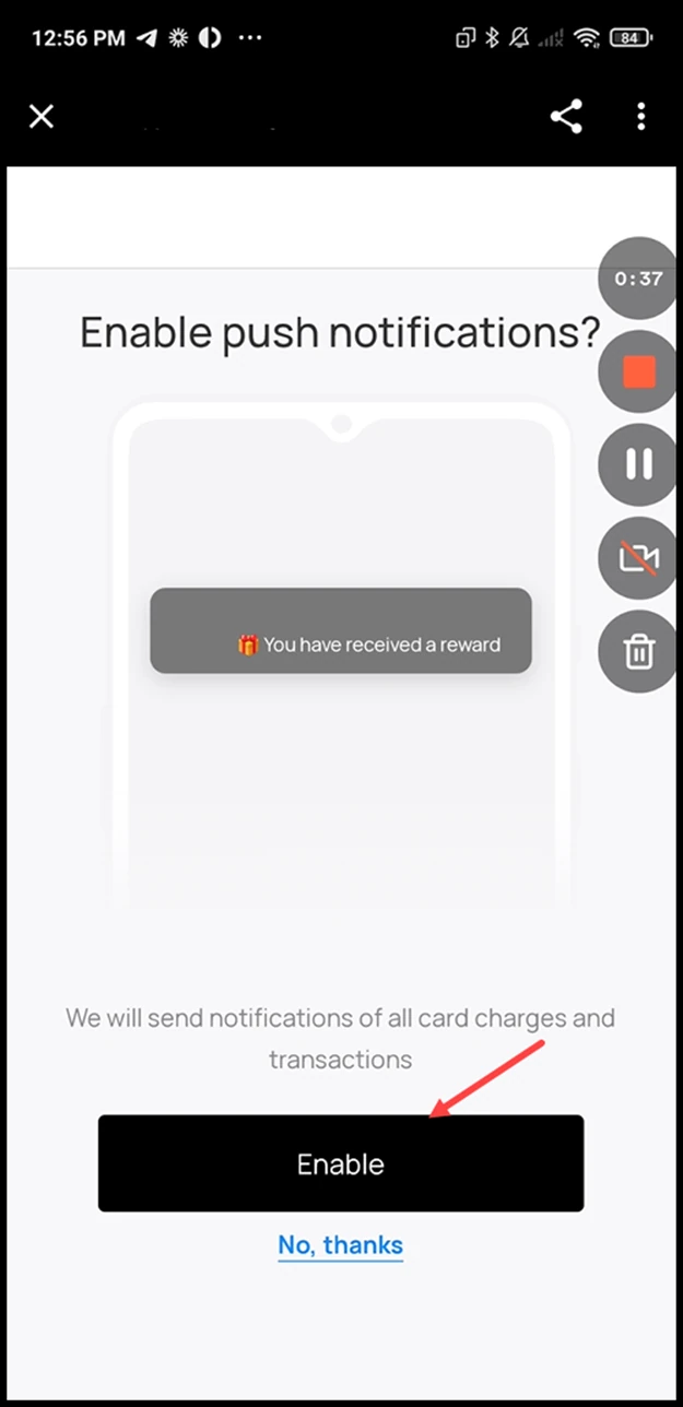 PWA Cards on Android: This opens the push notifications confirmation screen. To enable, click the Enable button.
