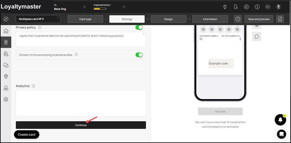 How to Create a Coupon Card: Once the required fields are filled, click the Continue button. This takes you to the Design section.