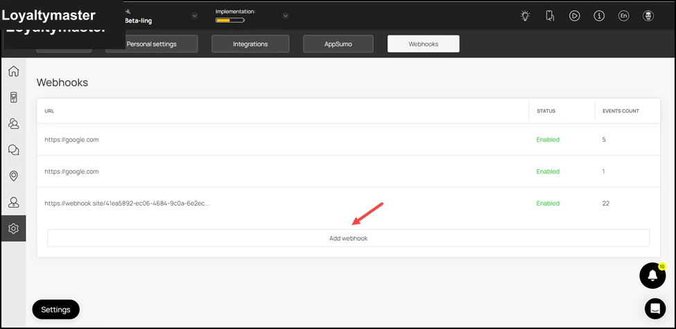 Webhooks: To create a webhook, click the Add webhook button. This opens the Add webhook popup.