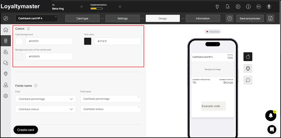 How to Create a Coupon Card: From the Colors section, you can set the colors for Card Background, Text Color, and Background color of the central part.
