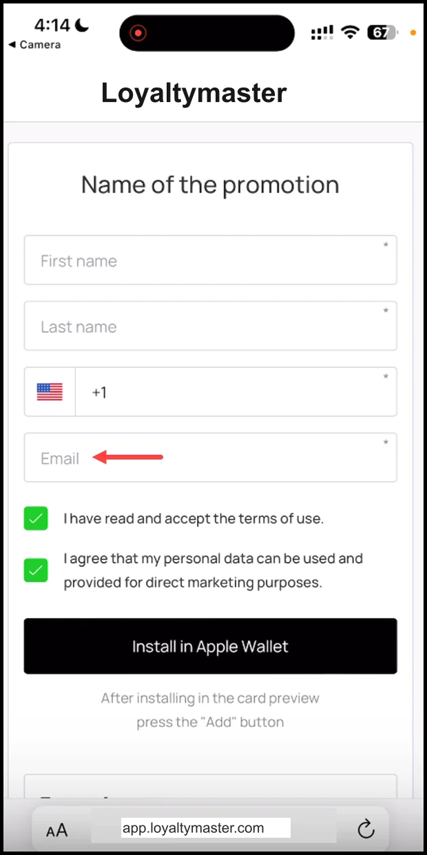 Install a Loyalty Card on iPhone: Use the Email field to enter your email address.