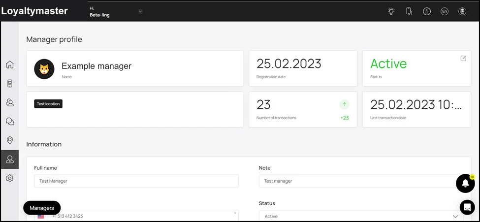 Manager Profile: Clicking the username of a manager displays the details of the selected manager profile. Here, the basic details of the selected manager profile are displayed via separate tiles un