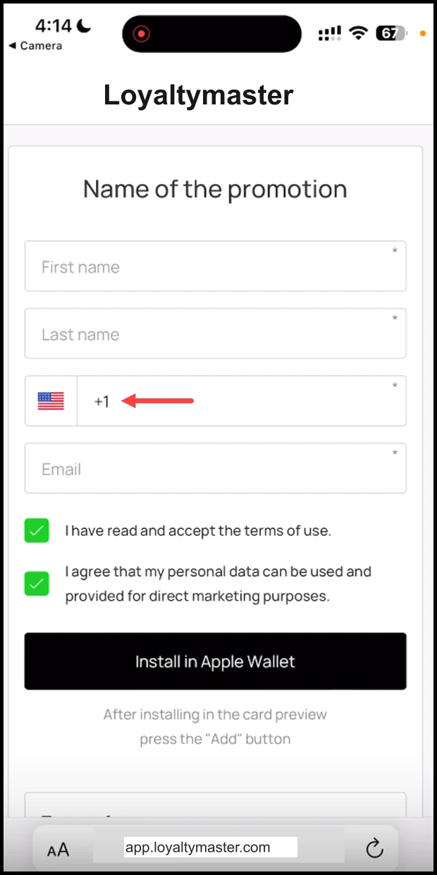 Install a Loyalty Card on iPhone: Enter your contact number in the Contact Number field.