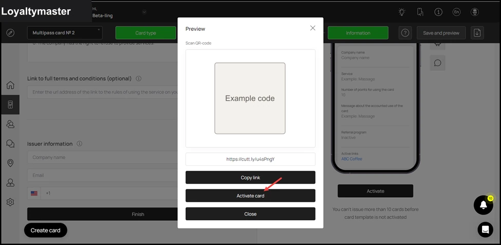 How to Create a Coupon Card: Click the Activate Card button to activate the card.