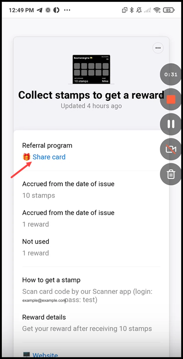 Referral program: From the Details screen, tap the Share card button.