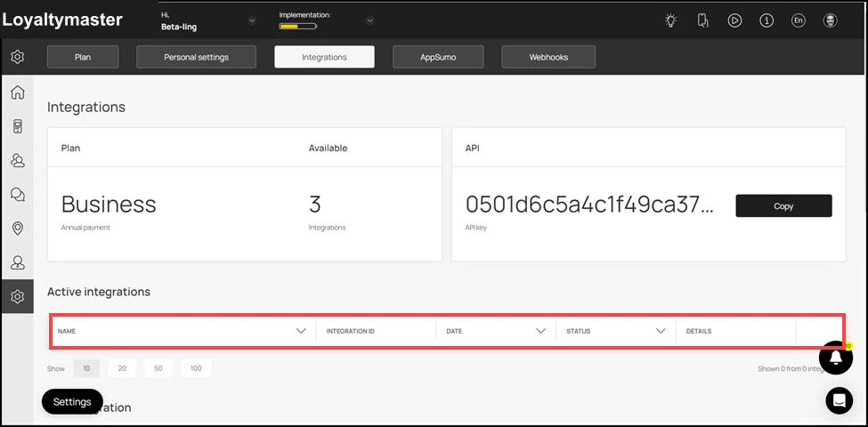 Integrations: Next up is the Active Integrations section. Here, all active integrations are tabulated via a number of columns that include Name, Integration ID, Date, Status, and Details.