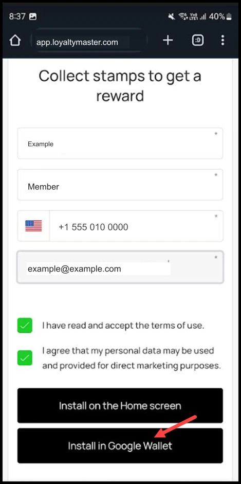 Install a Loyalty Card on Android: To install the card in Google Wallet, click the Install in Google Wallet button.