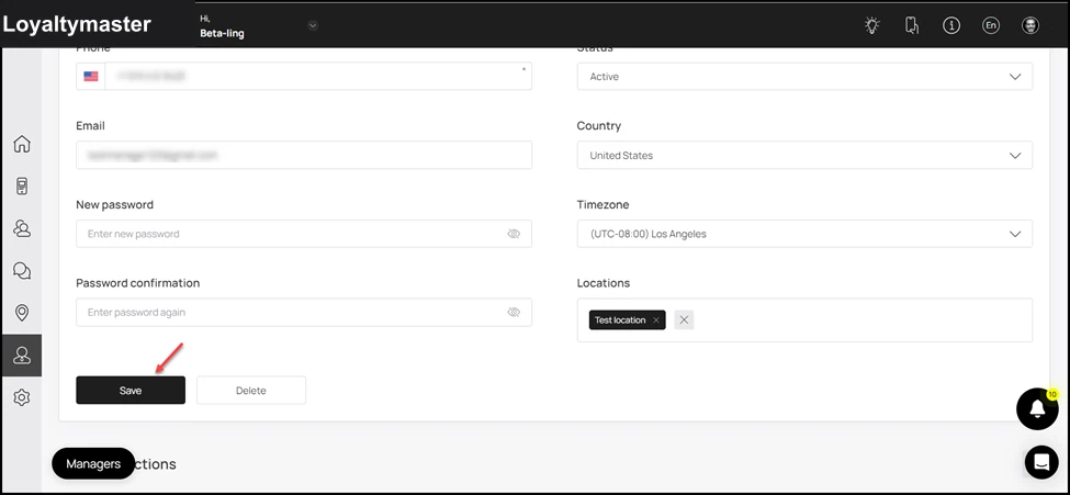 Manager Profile: Once you have edited the required fields, click the Save button.