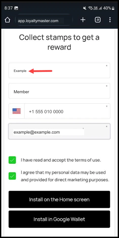 Google Pay on Android: Use the First Name field to record your first name.