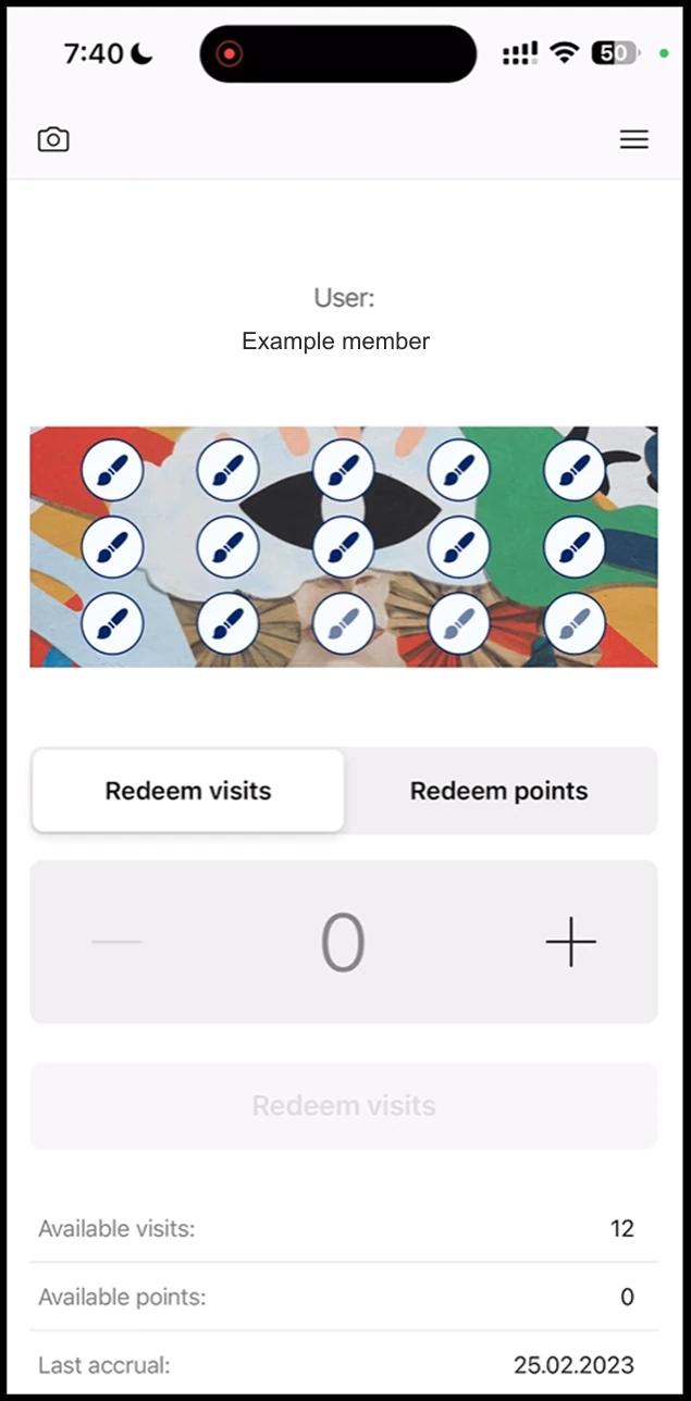 Scanner app - Multipass: A successful scan displays the multipass card in the scanner app with the information segregated into the Redeem Visits and Redeem Points tabs.