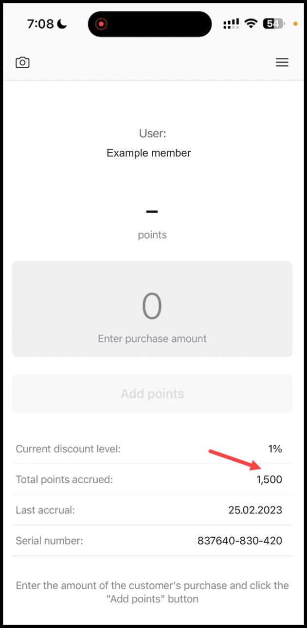 Scanner app - Discount: Once this is done, scan the card once again. You will see the added points in the Total Points Accrued field.