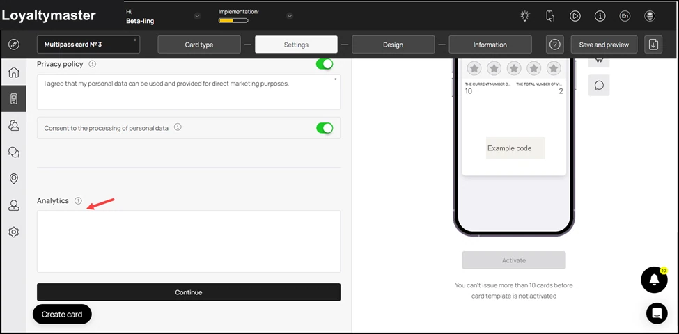 How to Create a Coupon Card: If you want to include a customized script for analytics, you can include this script in the Analytics field.