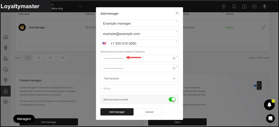 Manager Seats: Create a password for the manager profile using the Password field.