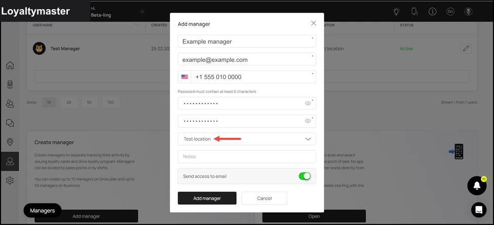 Manager Seats: Select the location for the manager profile using the Location dropdown. All created locations populate in this dropdown.