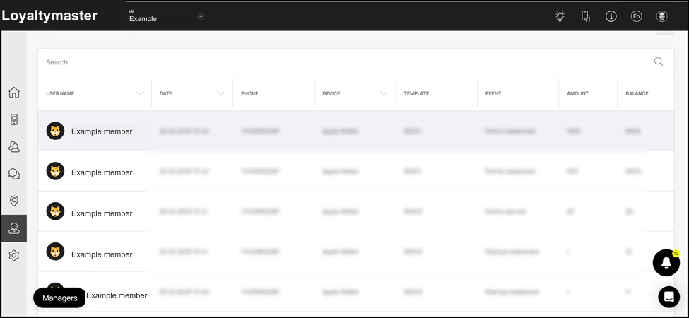 Manager Profile: At the end is the Last Transactions grid. Here, the last transactions of the manager are tabulated via several columns that include User Name, Date, Phone, Device, Template, Event,