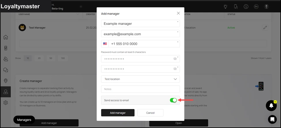 Manager Seats: In case you do not want to send access invitation to the manager via email, disable the Send access to email toggle.