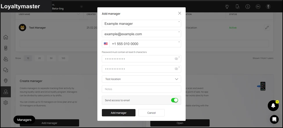 Manager Seats: This opens the Add Manager popup for the details of the manager to be recorded. Here, enter the full name of the manager in the Full Name field.