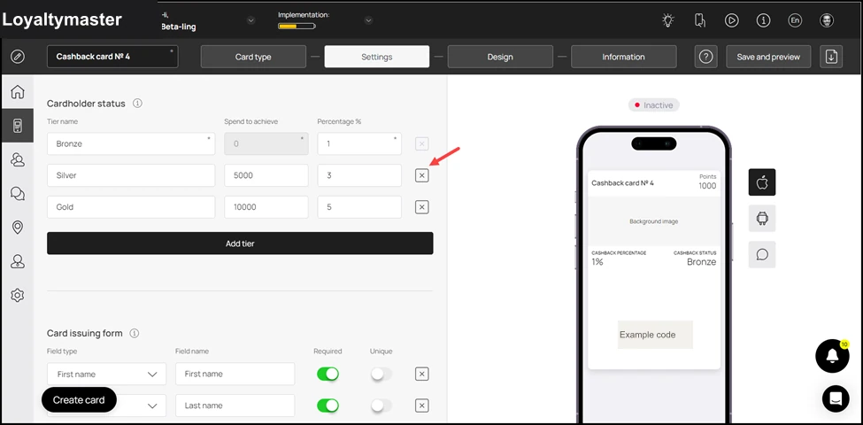 How to Create a Cashback Card: You can remove a tier by clicking the button.
