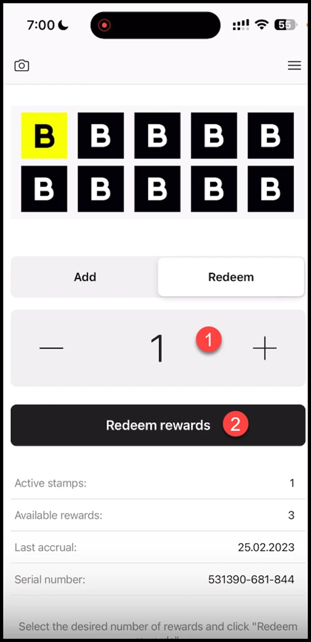 Scanner app - Stamp: Here, use the +/- buttons to set the number of stamps you want to redeem. Once set, click the Redeem Points button.