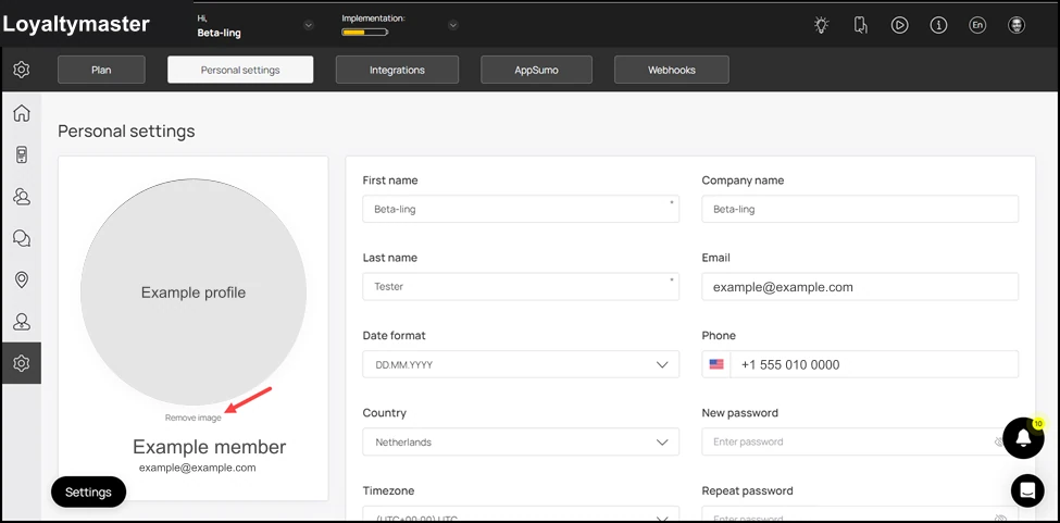 Personal Settings: Starting off, your profile picture is displayed in a container on the left side of the screen. To remove the image, click the Remove image button.