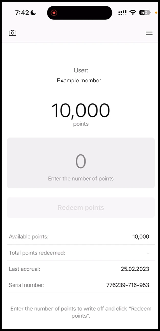 Scanner app - Certificate: A successful scan opens the Certificate card in the scanner app with the number of bonus points displayed at the center.