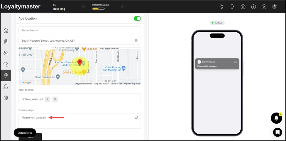 Geolocations: Enter the geo-push message in the Push Message textbox. This push notification is sent to all the users in a specific radius of the location.