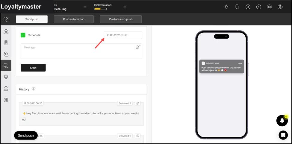 Marketing Push: This reveals a date/time selector on the right side. You can choose the date and time at which you want the scheduled push notification to be sent.