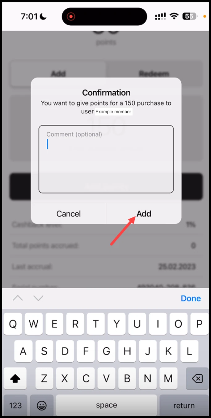Scanner app - Cashback: This opens the Confirmation popup. To confirm the points addition, click the Add button.