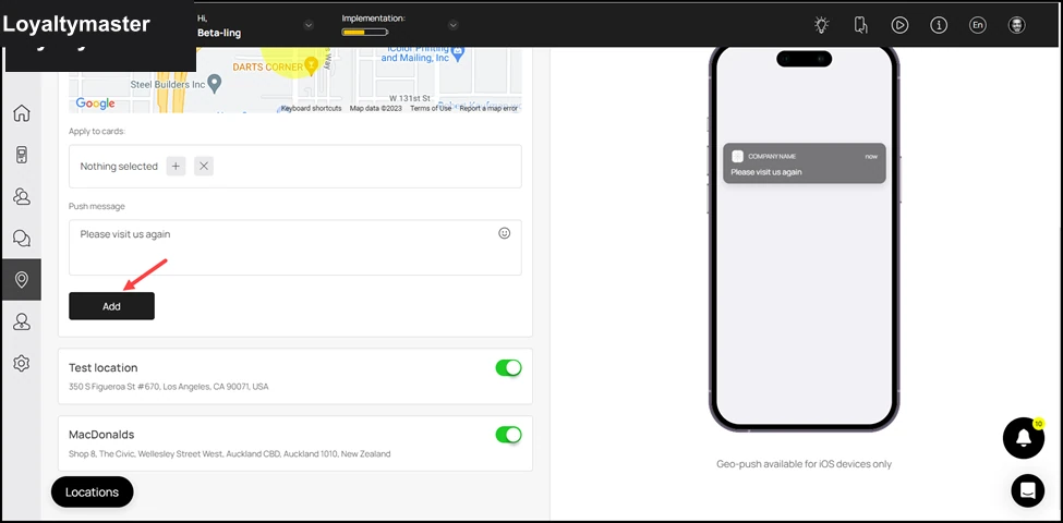 Geolocations: Once the details are recorded, click the button. This adds the location and displays it in the list.